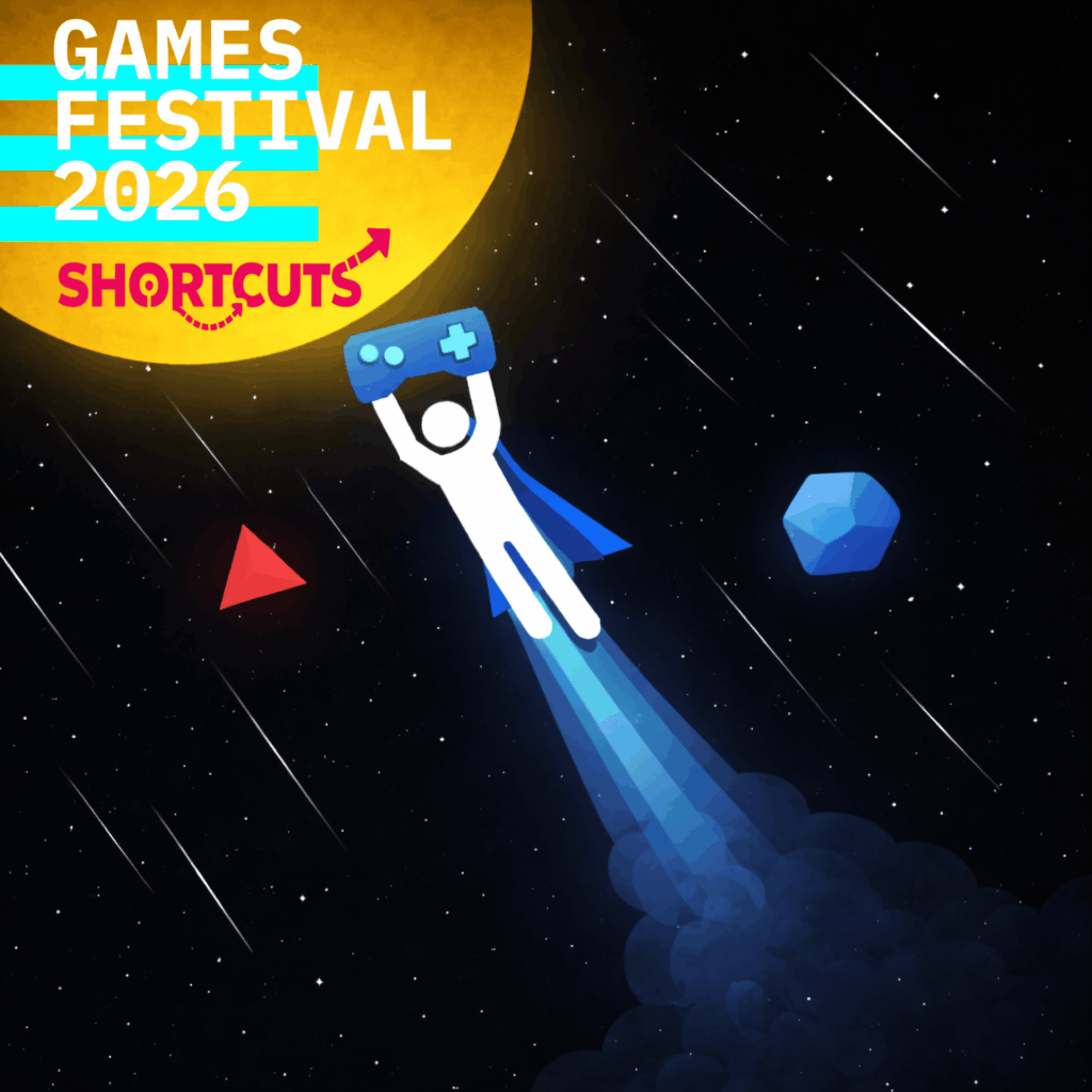 Ein stilisiertes Bild zeigt eine Figur mit blauem Umhang, die durch den Weltraum fliegt und eine Videospielkonsole hält. Links oben steht „Games Festival 2026“ in weißer Schrift auf gelbem Hintergrund. Darunter befindet sich das Wort „Shortcuts“ in pink. Im Hintergrund sind Sterne und geometrische Formen wie ein rotes Dreieck und ein blauer Kristall zu sehen.